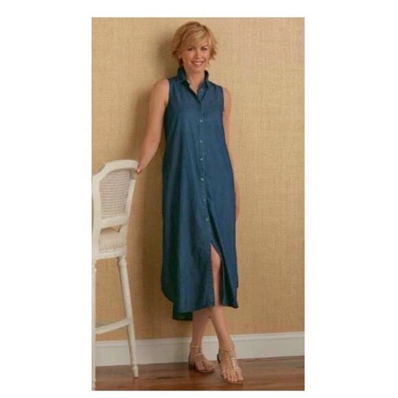 Soft Surroundings Sleeveless Denim‎ Button Down Collared Maxi Dress Womens Sz S - Picture 1 of 8